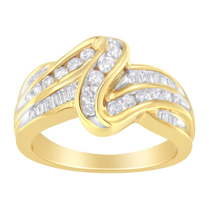 Yellow metal ring with an intertwined design featuring channel-set white round and baguette gemstones, shown from a front angle.