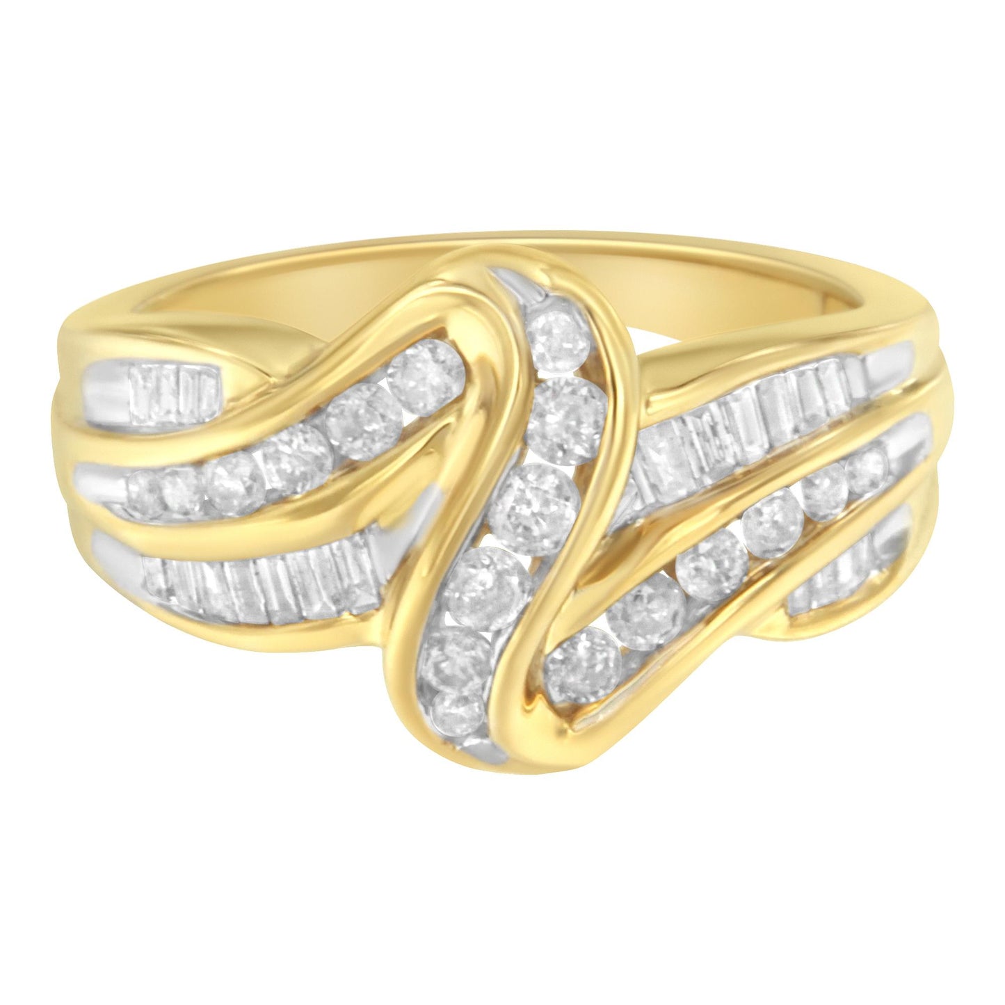 Front angle of a yellow metal ring with multiple rows of channel-set white round and baguette gemstones arranged in a flowing intertwined design.