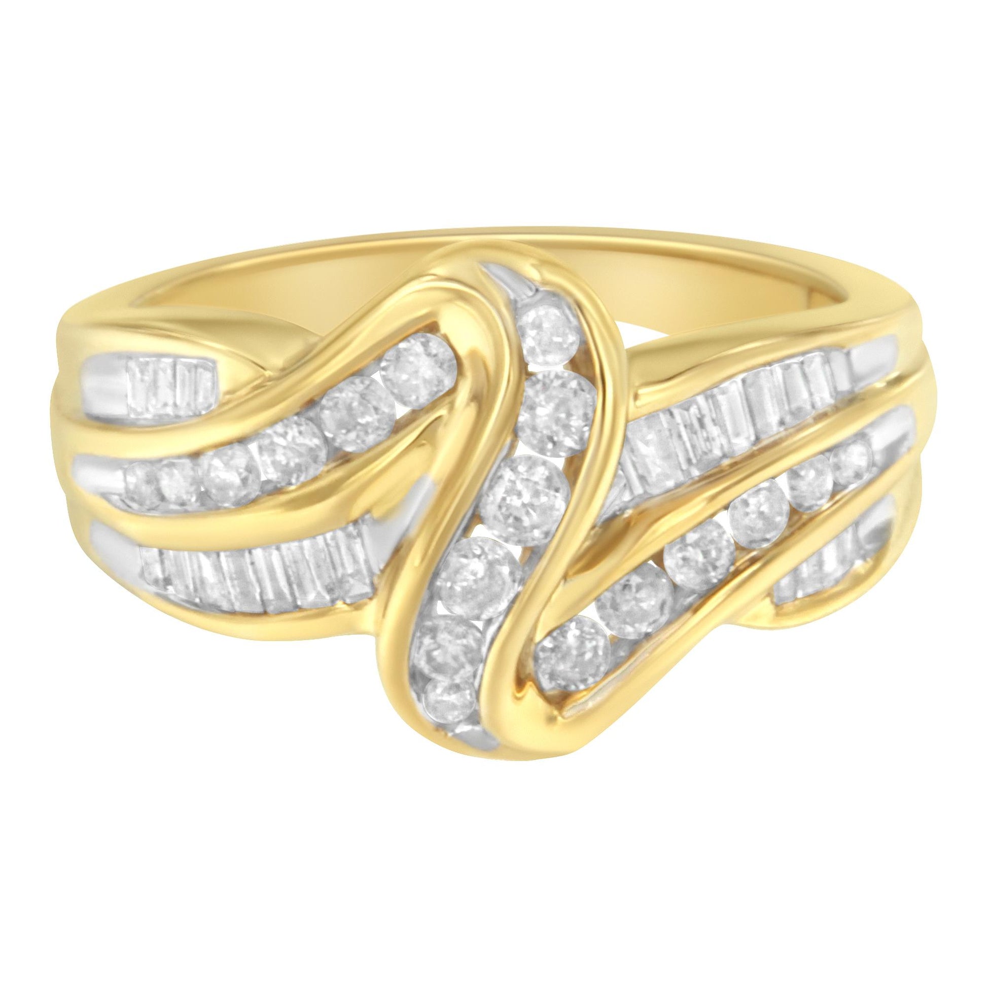 Front angle of a yellow metal ring with multiple rows of channel-set white round and baguette gemstones arranged in a flowing intertwined design.