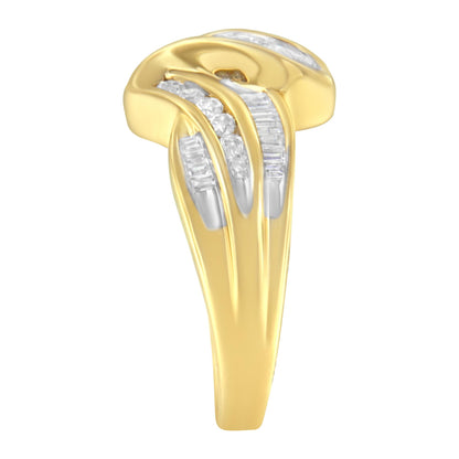 Yellow ring with channel-set white round and baguette gemstones, shown from a front angle.