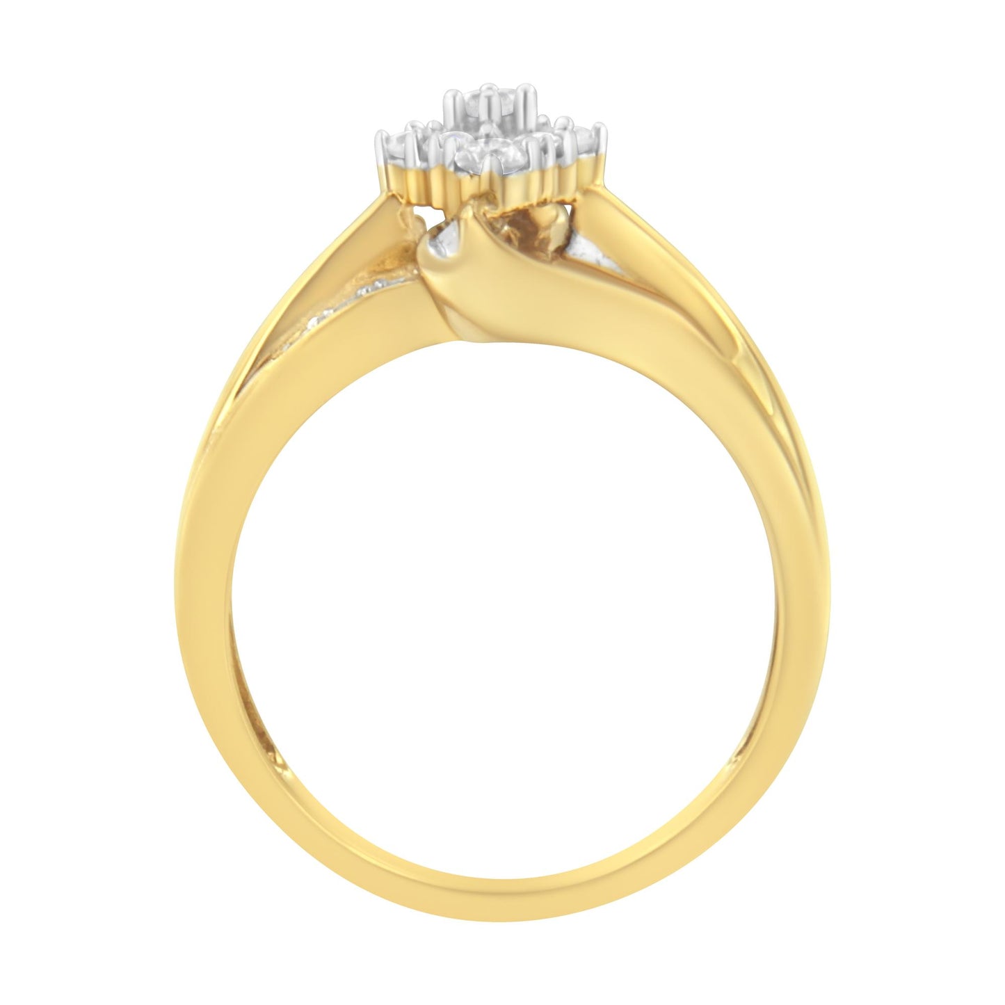 Side view of a yellow metal ring featuring prong-set round white gemstones and channel-set baguette white gemstones.