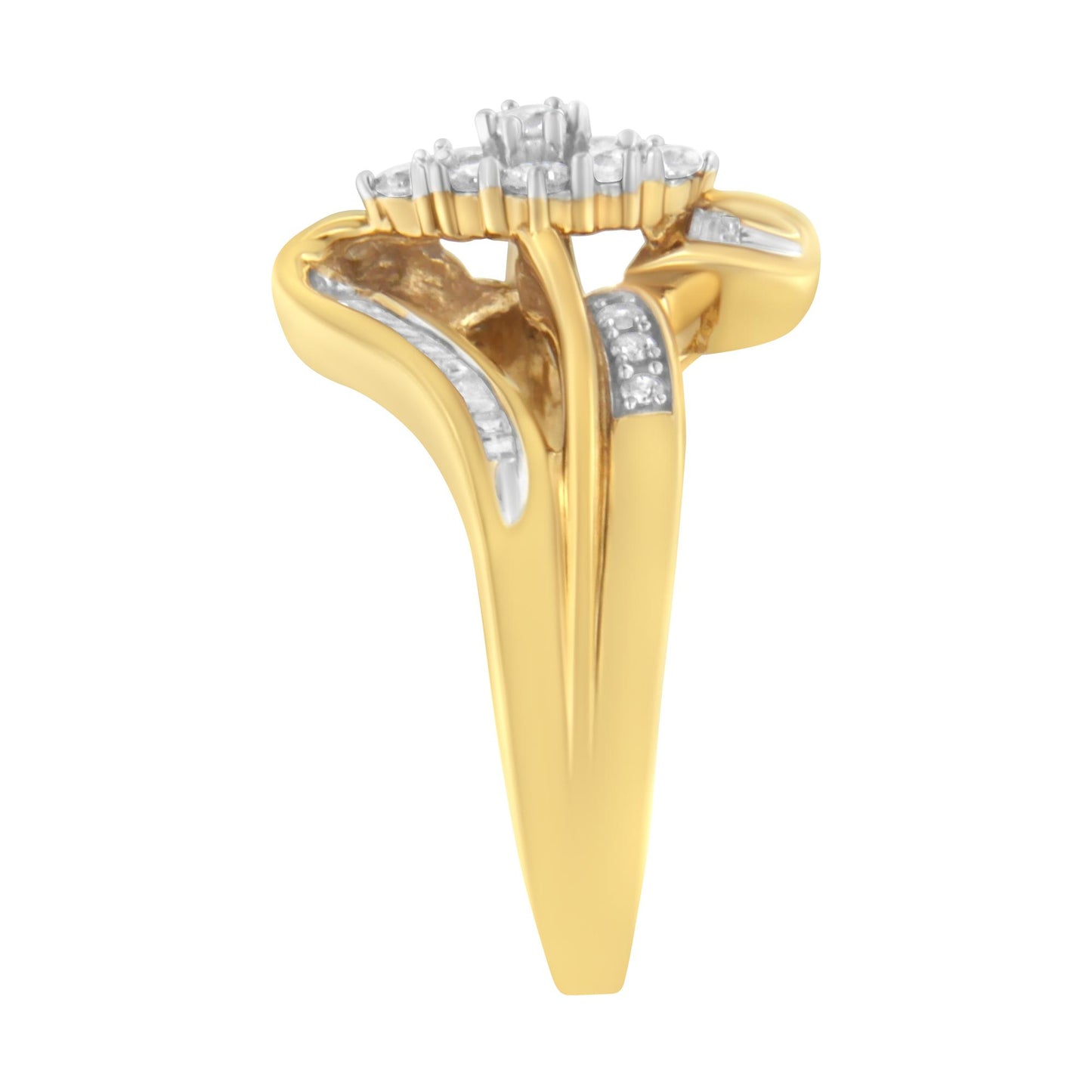 Close-up side angle of a yellow ring featuring round white gemstones in prong settings and baguette white gemstones in channel settings along the band.