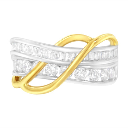 Ring with yellow and white metal bands intertwined, featuring channel-set round and baguette white gemstones, shown in a close-up side angle.