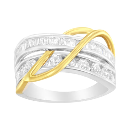 Ring in yellow and white metal with intersecting bands, featuring channel-set round and baguette white gemstones, shown from a front angle.