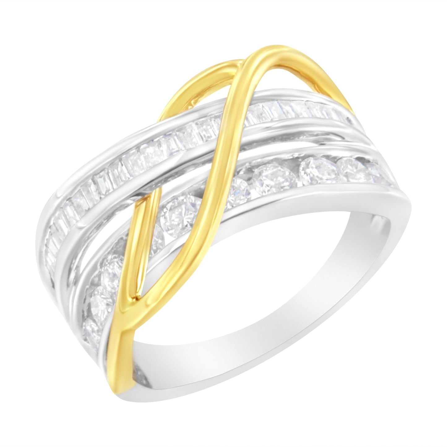 Close-up front angle of a two-tone ring with white and yellow metal, featuring channel-set round and baguette white gemstones.