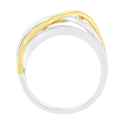 Top view of a ring with intertwined yellow and white metal bands without visible gemstones.