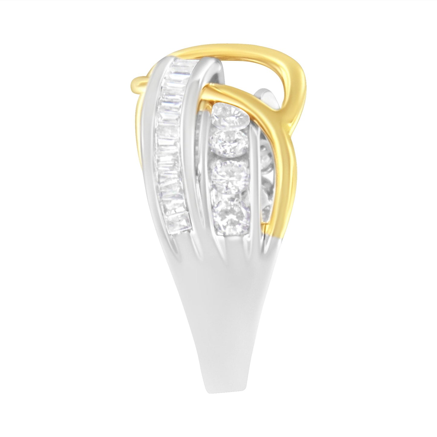 Ring with yellow and white metal bands featuring white round and baguette-shaped gemstones in channel settings, shown from a top angled side view.