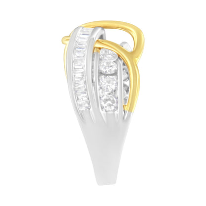 Ring with yellow and white metal bands featuring white round and baguette-shaped gemstones in channel settings, shown from a top angled side view.