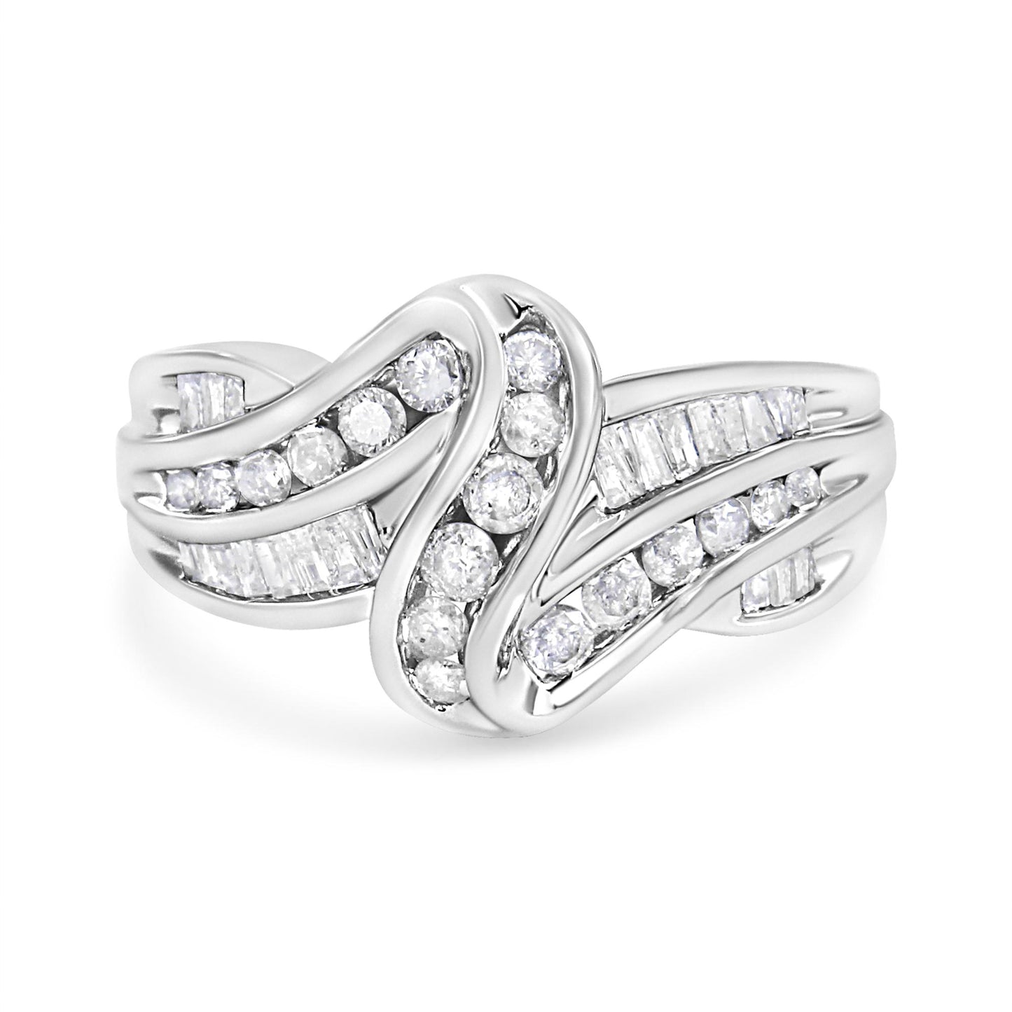 Front view of a white metal ring with curved bands set with channel-set round white gemstones and baguette-shaped white gemstones.