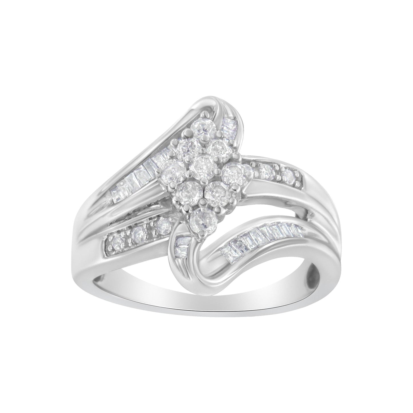 White metal ring with a cluster of round white gemstones in prong settings at the center, surrounded by bands featuring channel-set baguette and smaller round white gemstones, shown from a front angle.