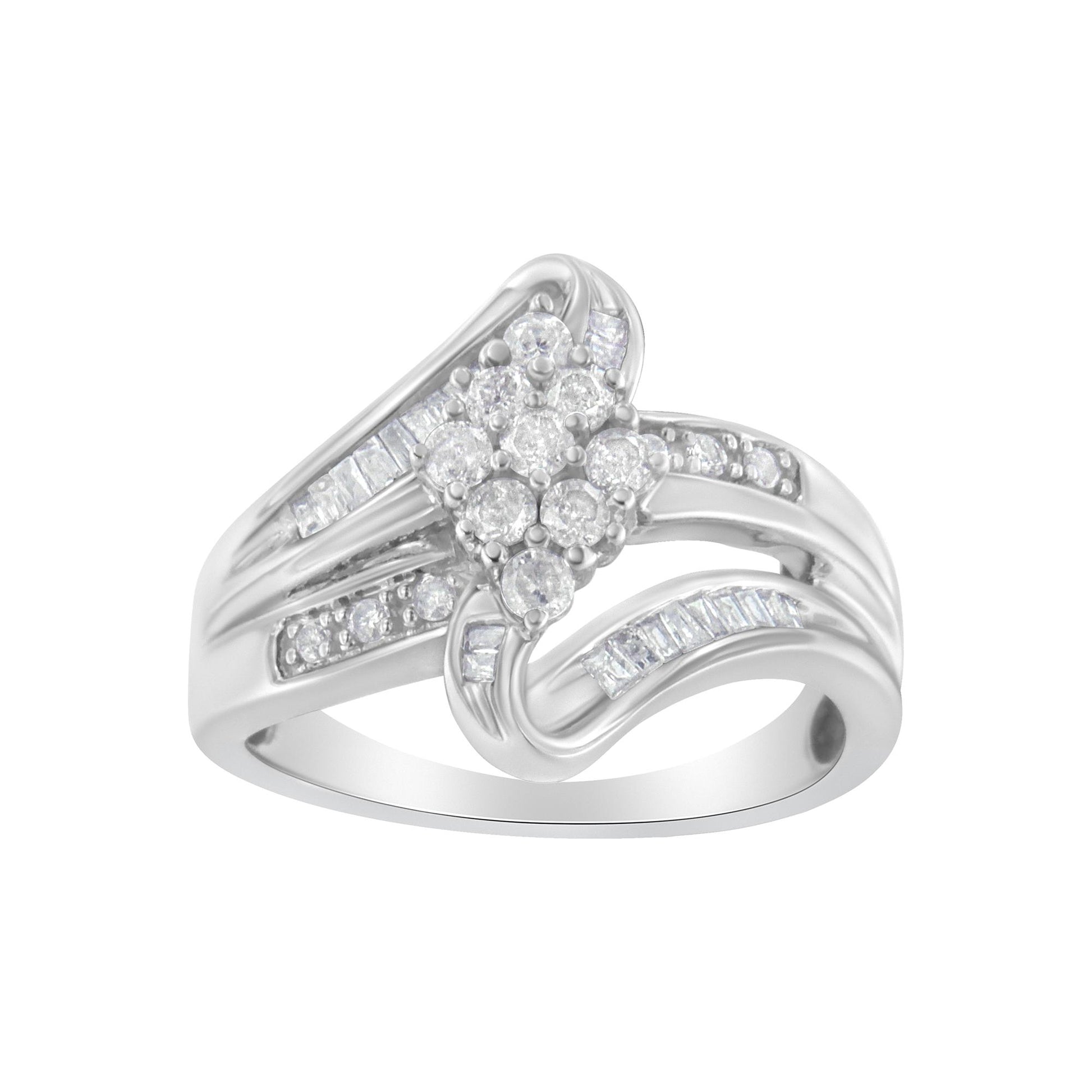 White metal ring with a cluster of round white gemstones in prong settings at the center, surrounded by bands featuring channel-set baguette and smaller round white gemstones, shown from a front angle.
