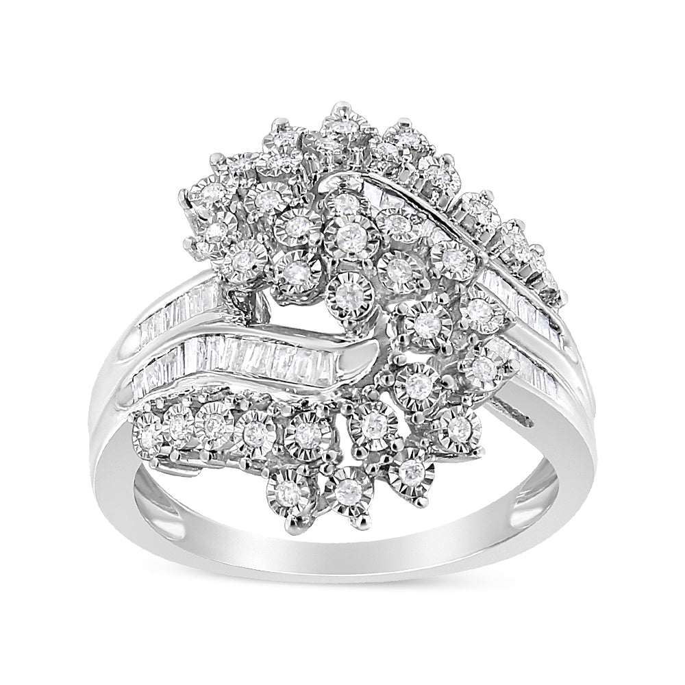 Front angle view of a white metal ring featuring an elaborate cluster of round white gemstones in miracle and prong settings.