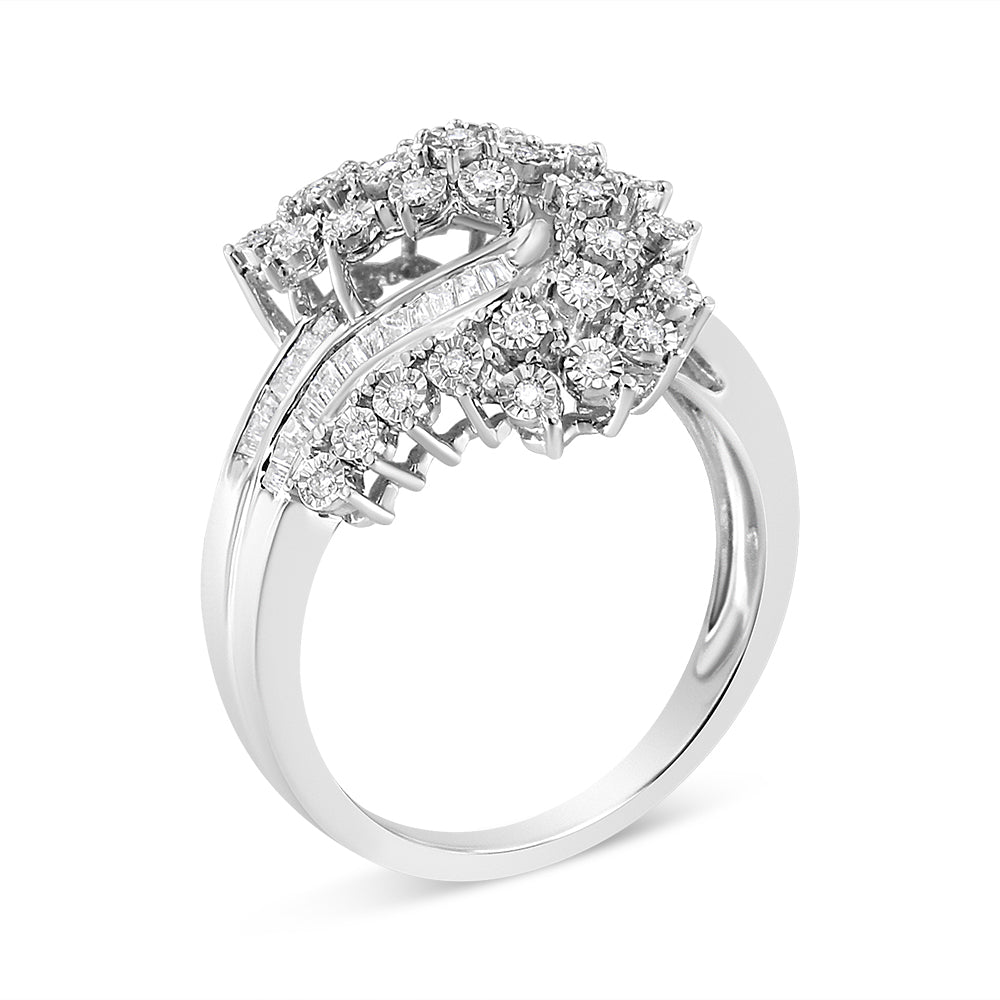 White metal ring with clustered round white gemstones in prong and miracle settings, shown at a slight angle.
