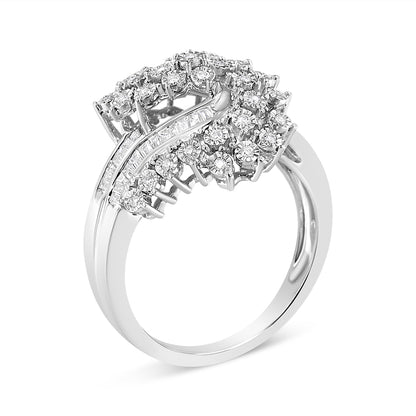 White metal ring with clustered round white gemstones in prong and miracle settings, shown at a slight angle.