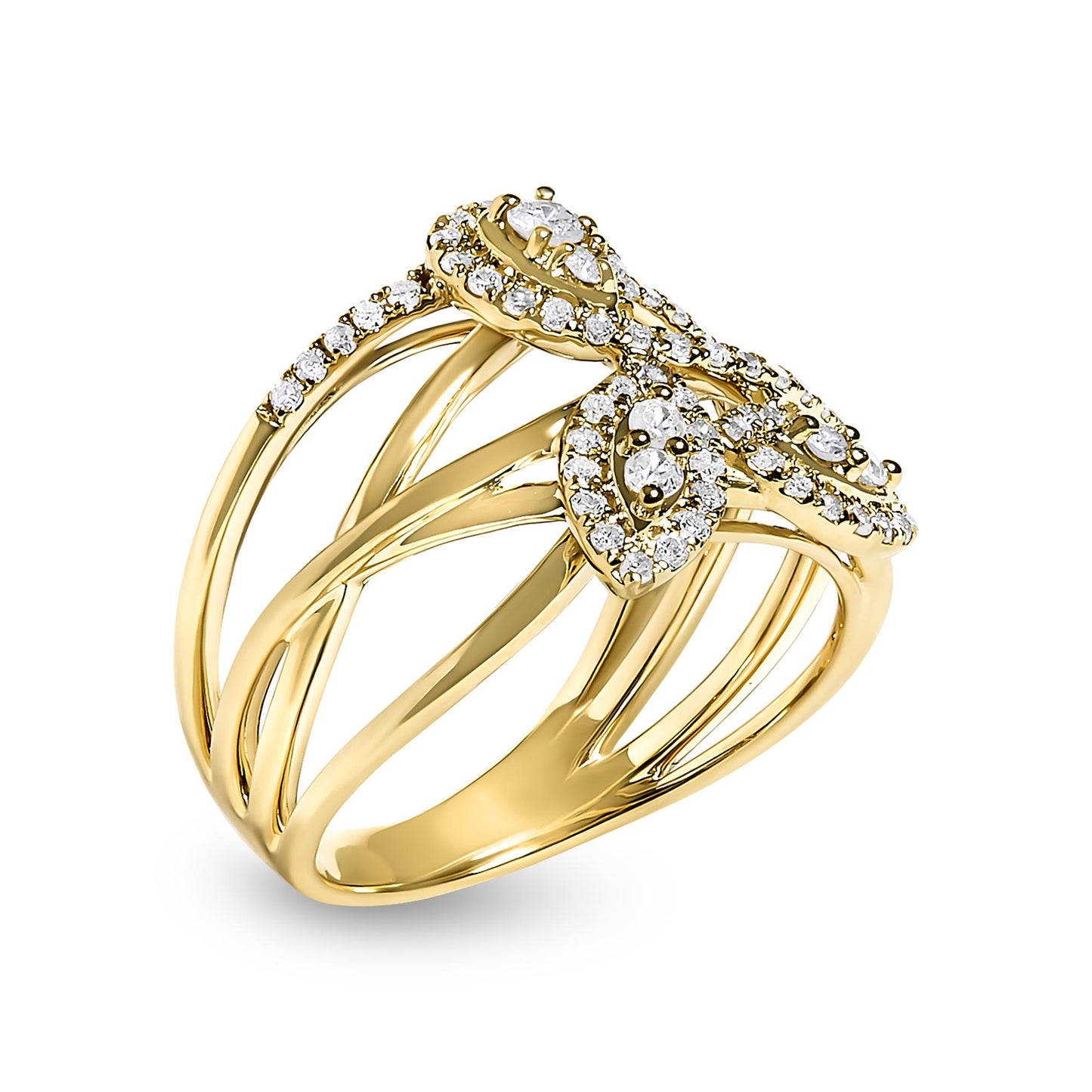 Yellow metal ring with an intricate open band design, featuring clusters of white round gemstones in prong settings, shown at a slight angled close-up.