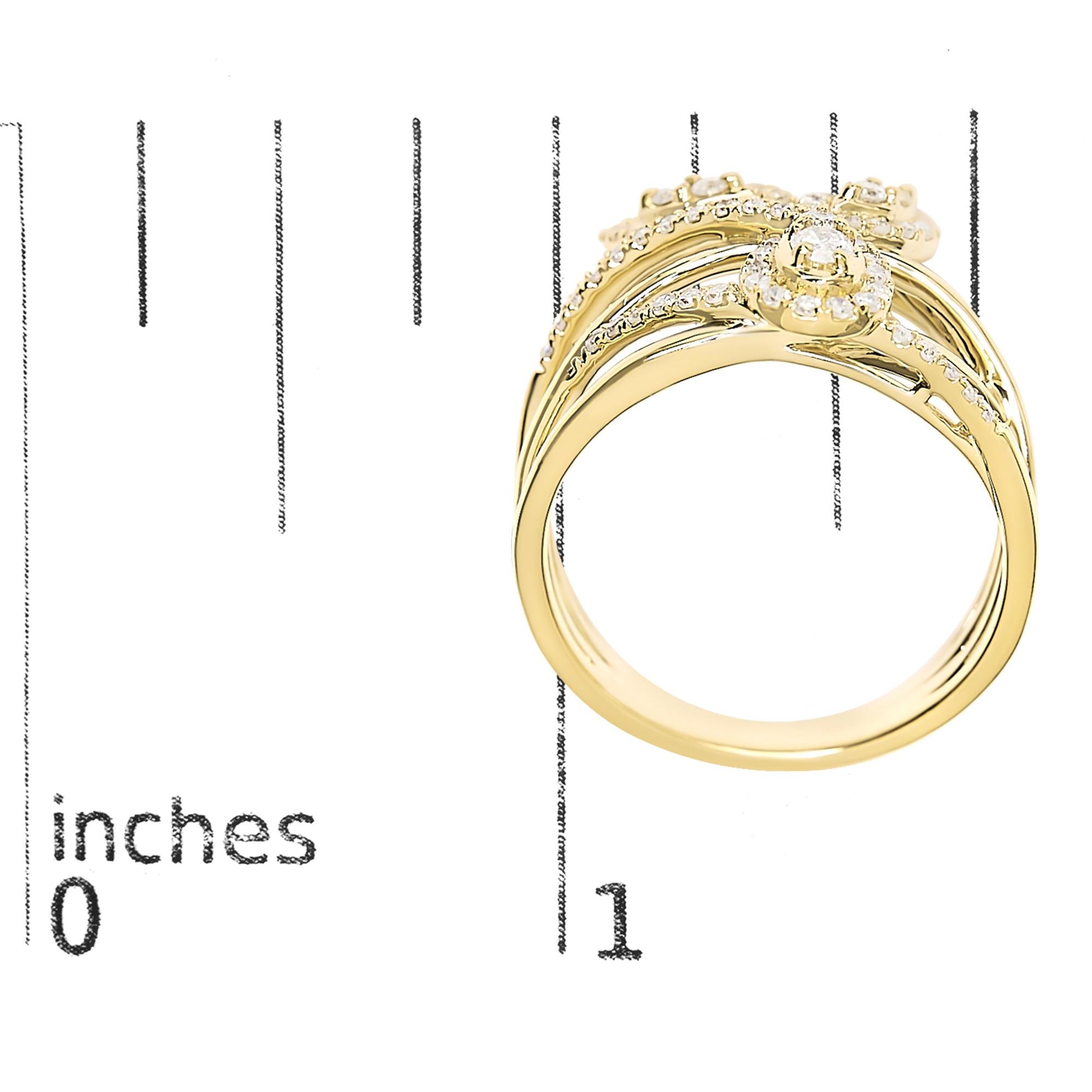 Yellow metal ring with multiple round white gemstones in prong settings, shown from a top angle on a ruler for size reference.