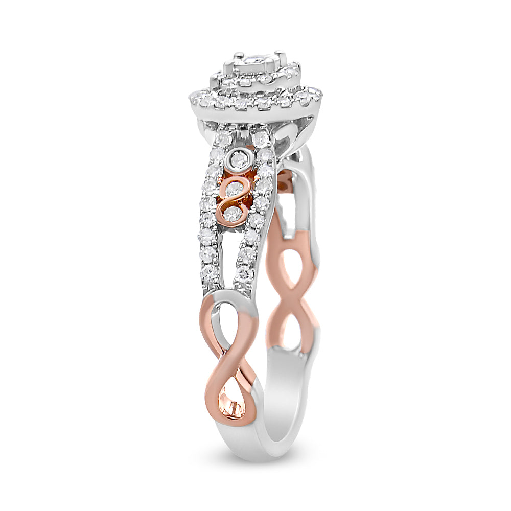 Close-up side angle of a white and rose metal ring featuring an infinity design with multiple small white gemstones set along the band and around the central feature.