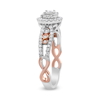 Close-up side angle of a white and rose metal ring featuring an infinity design with multiple small white gemstones set along the band and around the central feature.