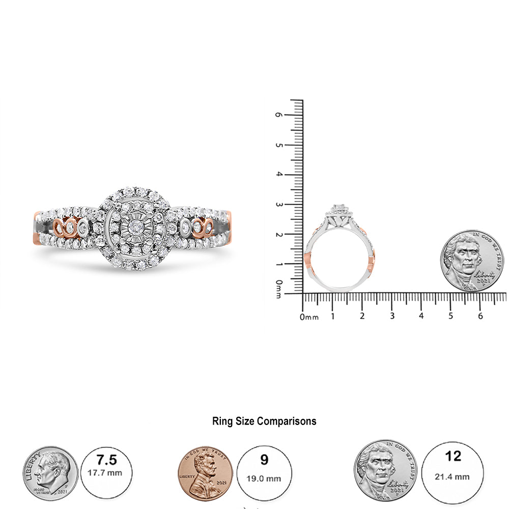 Front and side views of a two-tone ring with white and rose metal featuring multiple white round gemstones in prong and miracle settings, shown on a ruler and scale for size reference.