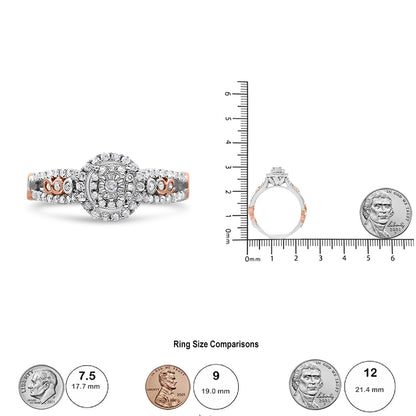 Front and side views of a two-tone ring with white and rose metal featuring multiple white round gemstones in prong and miracle settings, shown on a ruler and scale for size reference.
