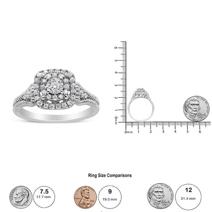White metal ring with multiple round white gemstones in layered miracle and prong settings, shown front and side views next to ruler and coin for size reference.