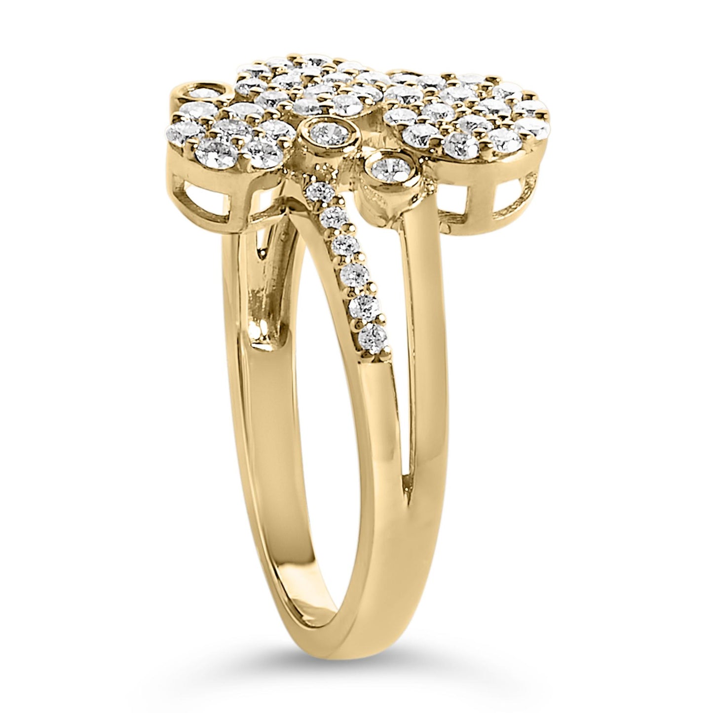 Yellow metal ring with round white gemstones in prong settings, viewed from an angled side perspective.