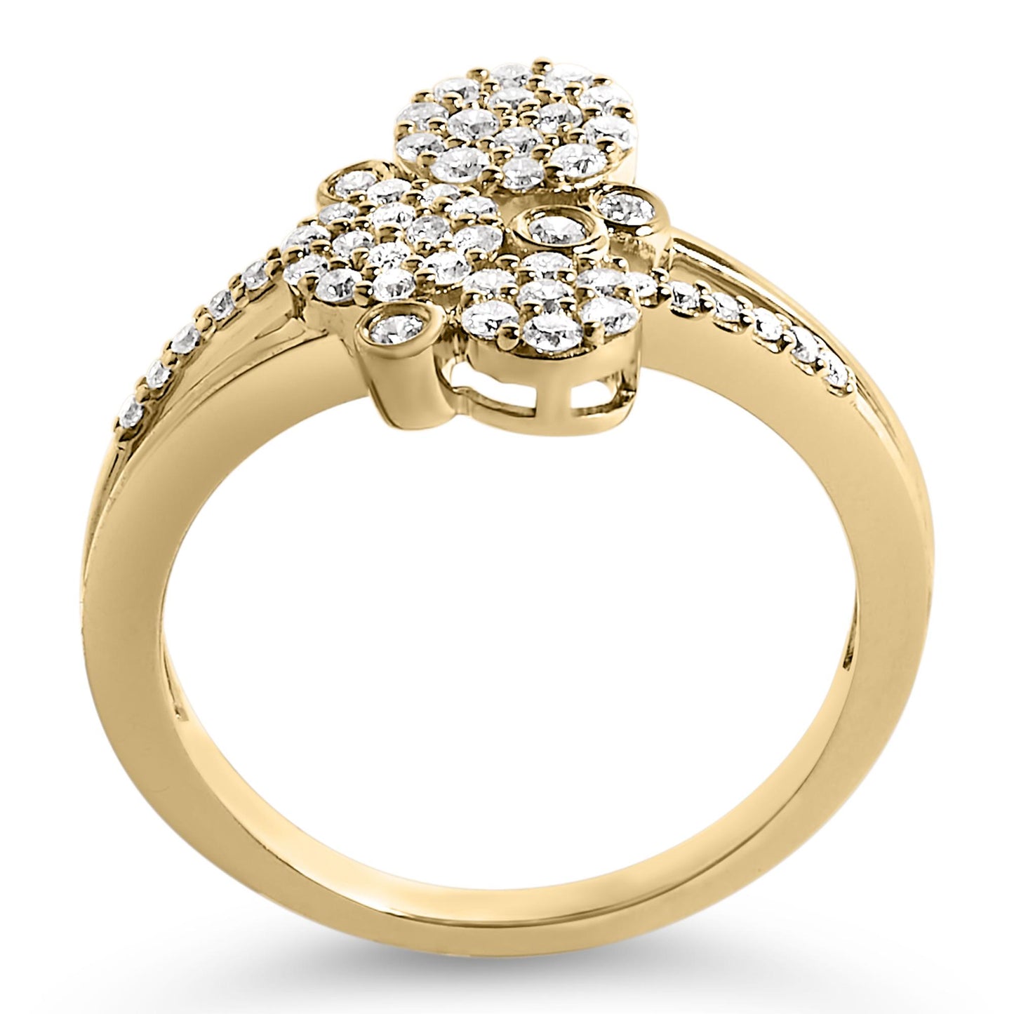 Close-up front angle of a yellow metal ring featuring multiple round white gemstones in prong settings forming a clustered floral design on the top and additional round white gemstones set along the band.