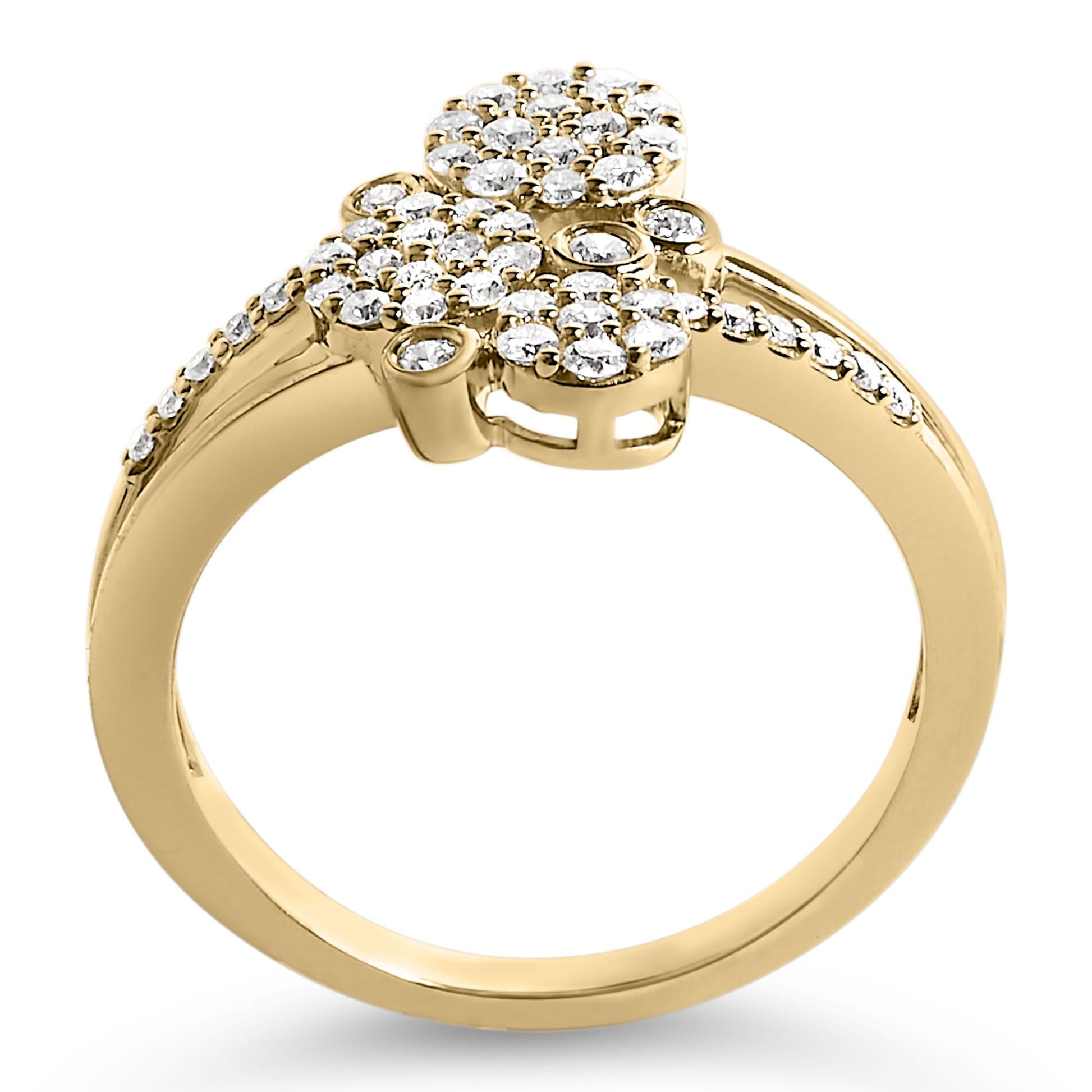 Close-up front angle of a yellow metal ring featuring multiple round white gemstones in prong settings forming a clustered floral design on the top and additional round white gemstones set along the band.