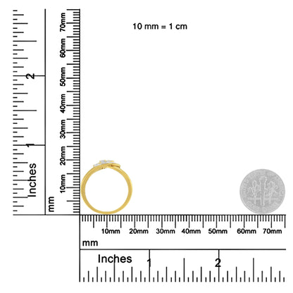Yellow metal ring with two rows of small round white gemstones in pave setting, shown from side angle on a ruler and scale for size reference.