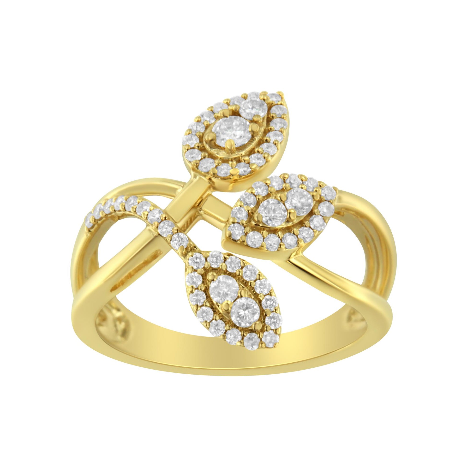 Yellow metal ring with three marquise-shaped clusters of white gemstones surrounded by smaller white gemstones, shown at a slight angle.