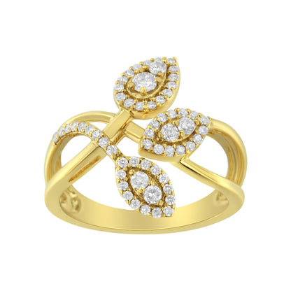 Yellow metal ring with three marquise-shaped clusters of white gemstones surrounded by smaller white gemstones, shown at a slight angle.