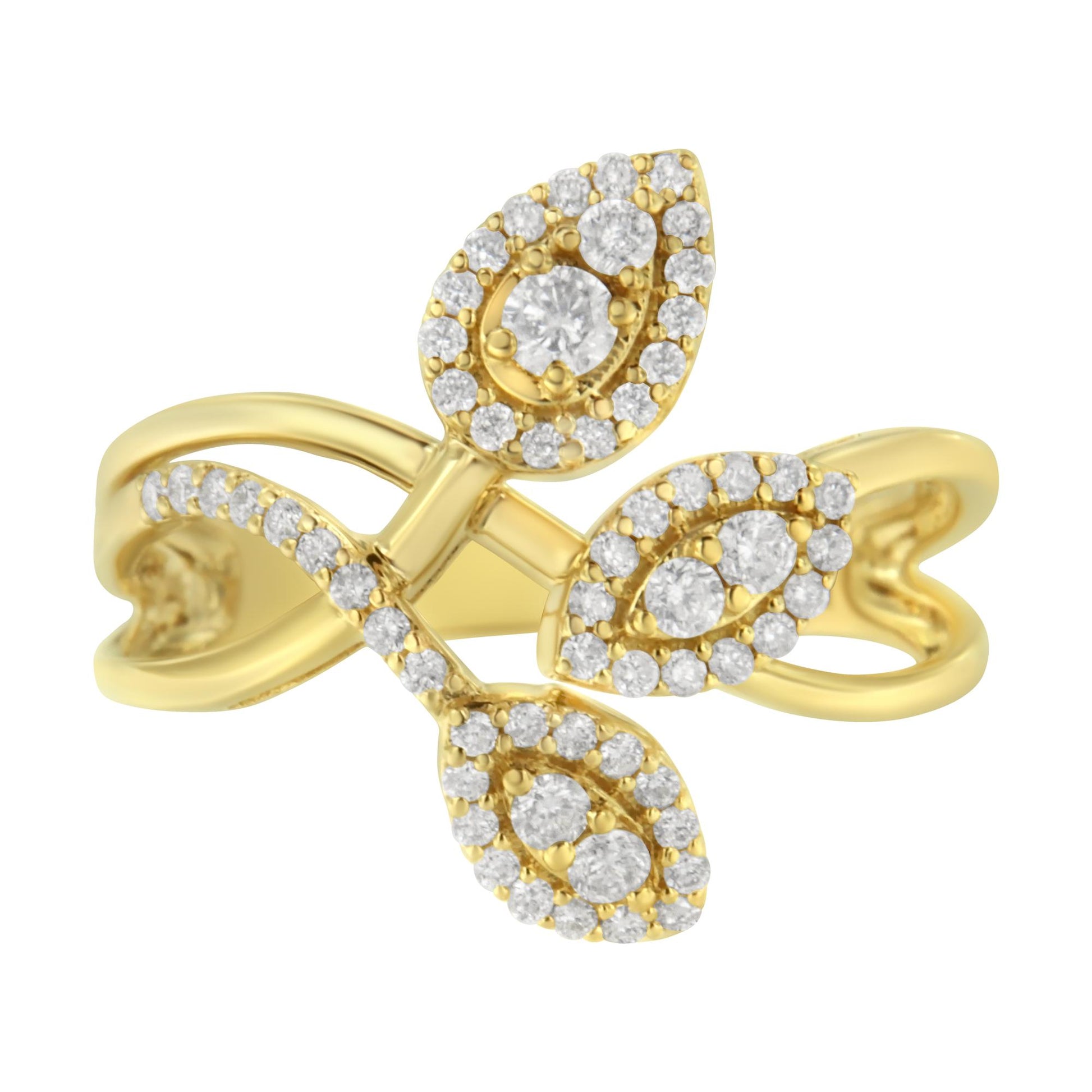 Close-up angled view of a yellow metal ring featuring three leaf-shaped clusters of round white gemstones with prong settings, surrounded by smaller round white gemstones on the band.