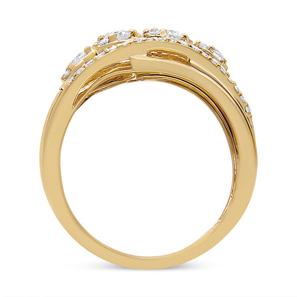 Side view of a yellow metal ring with round white gemstones in prong settings along the top.