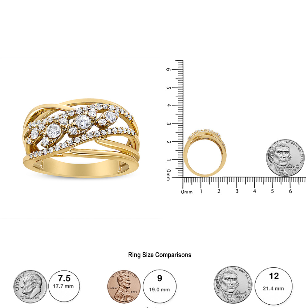 Yellow ring with multiple rows of prong-set white round gemstones in an intricate design, shown from a front angle and a side angle on a ruler for size reference.