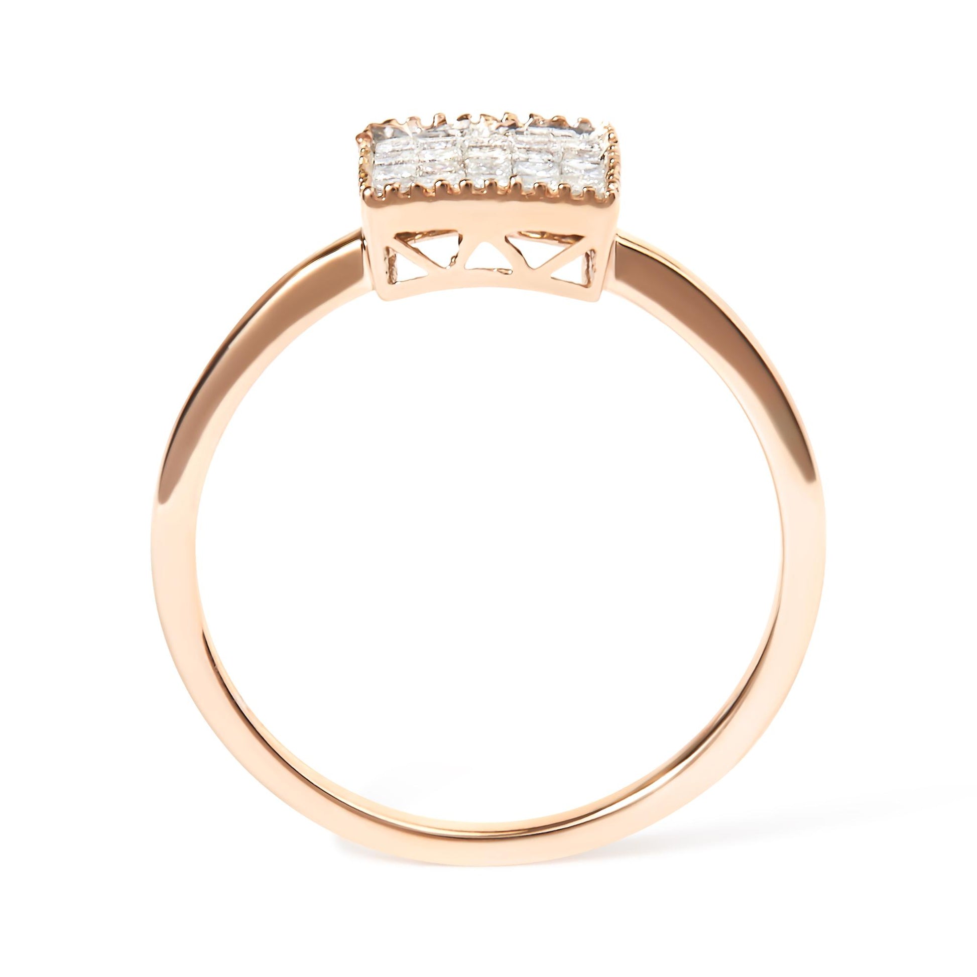 Rose ring with a rectangular cluster of princess-shaped white gemstones in an invisible setting, shown in a side view.