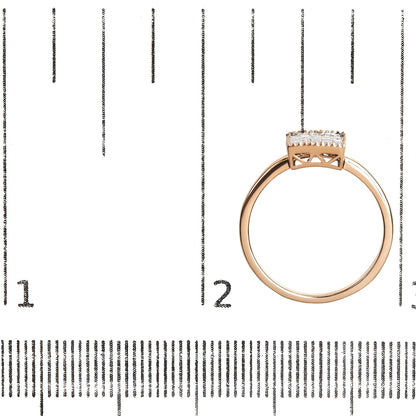 Rose metal ring with a row of white princess-shaped gemstones in an invisible setting, shown from the side on a ruler for size reference.