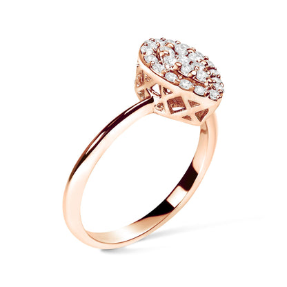 Rose-colored ring with a cluster of round white gemstones in prong settings viewed from a slightly angled side perspective.