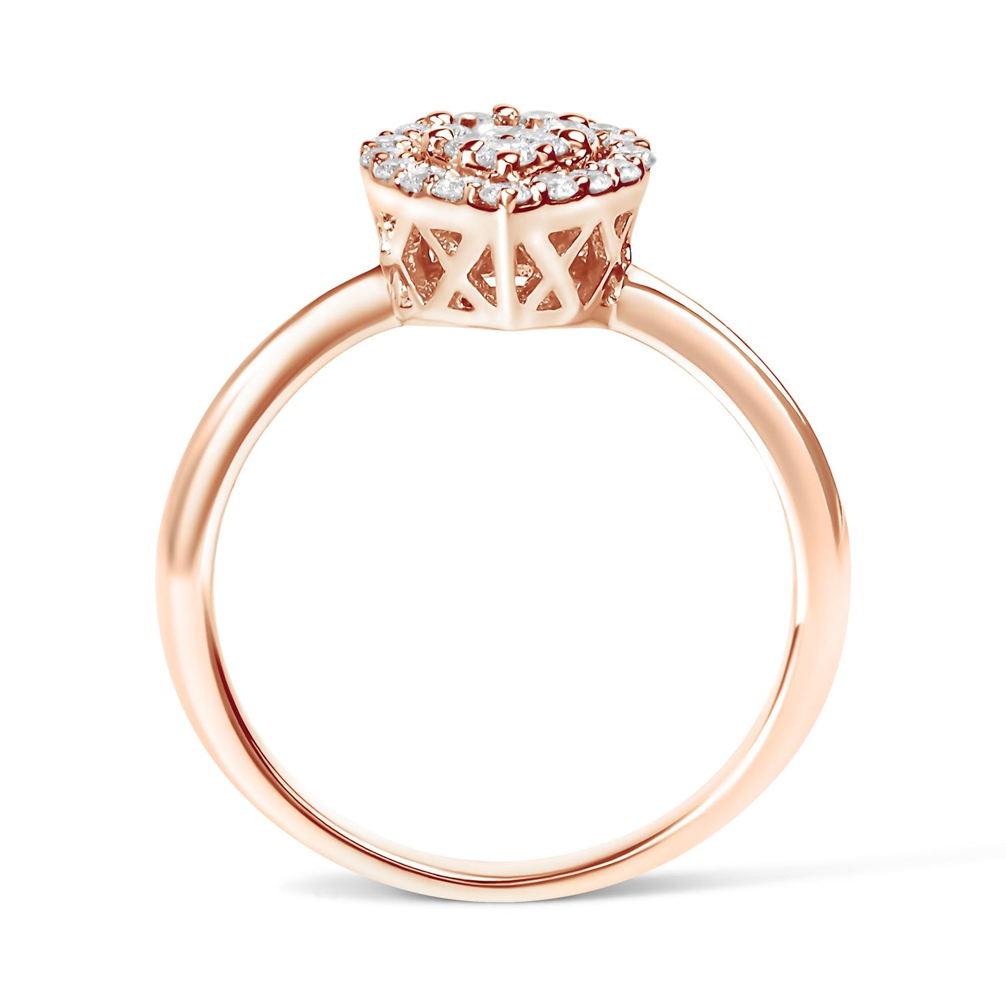 Close-up side view of a rose-colored ring with a round cluster of white gemstones set in prongs on top and decorative triangular cutouts on the setting.