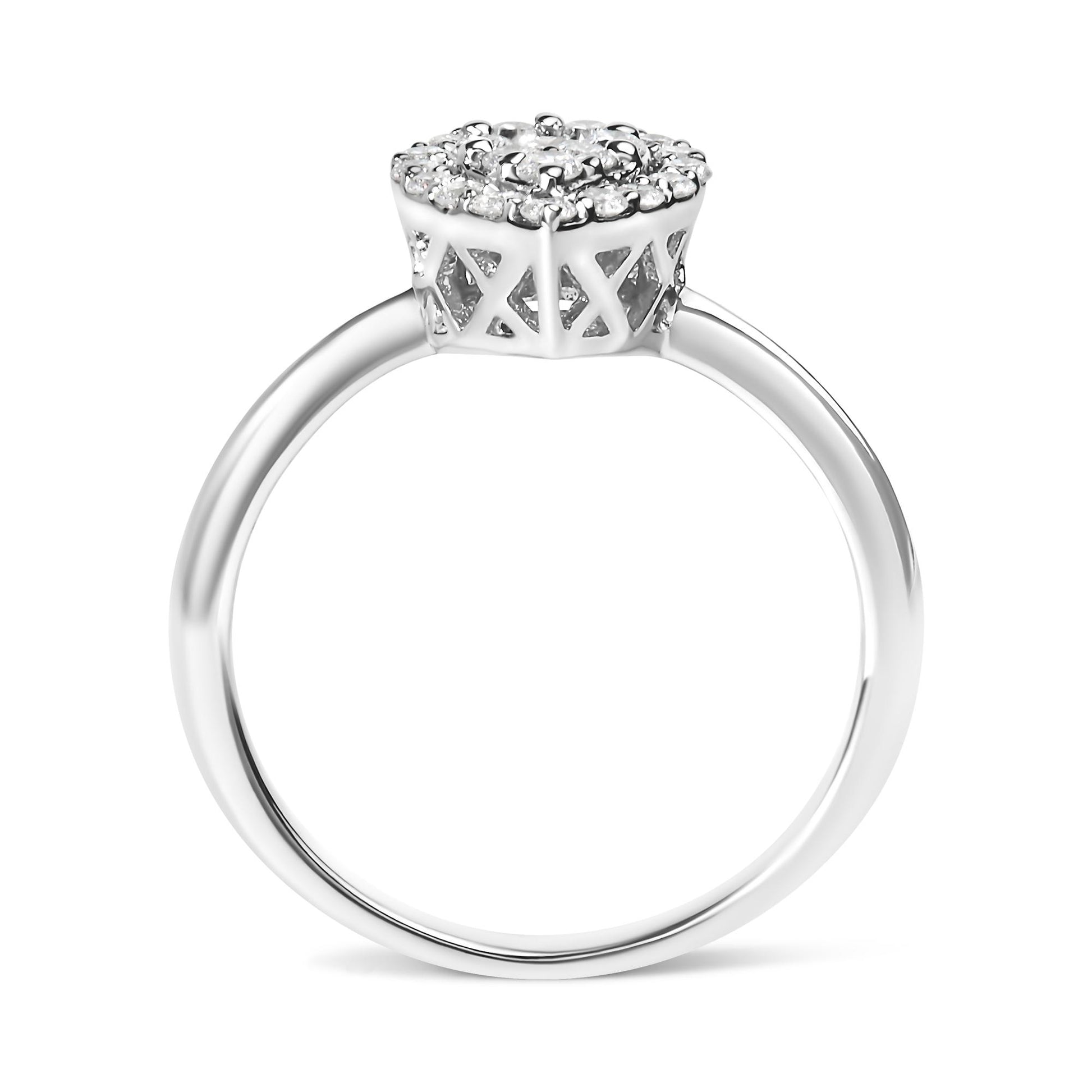 Close-up front angle of a white metal ring with a square cluster setting featuring multiple round white gemstones in prong settings.