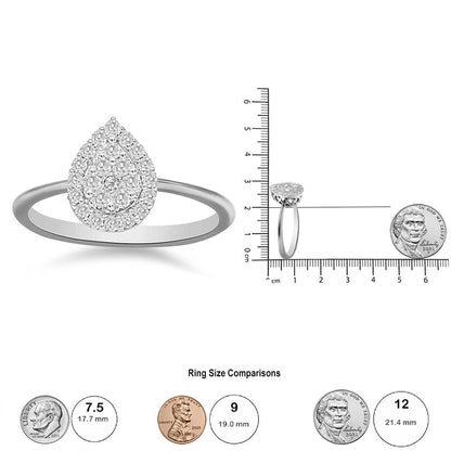 White metal ring with a pear-shaped cluster of round white gemstones in prong settings, shown from front and side angles, placed next to a ruler and coins for size reference.
