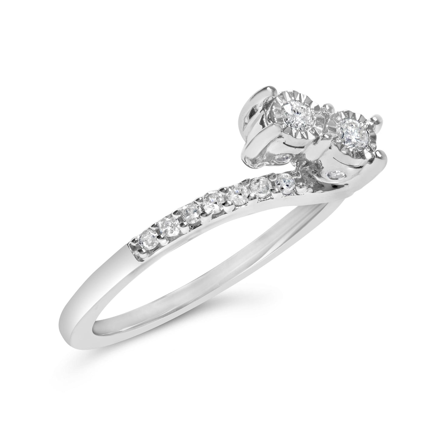 Close-up angled view of a white metal ring featuring two round white gemstones in miracle settings and a row of smaller round white gemstones in shared prong settings along the band.