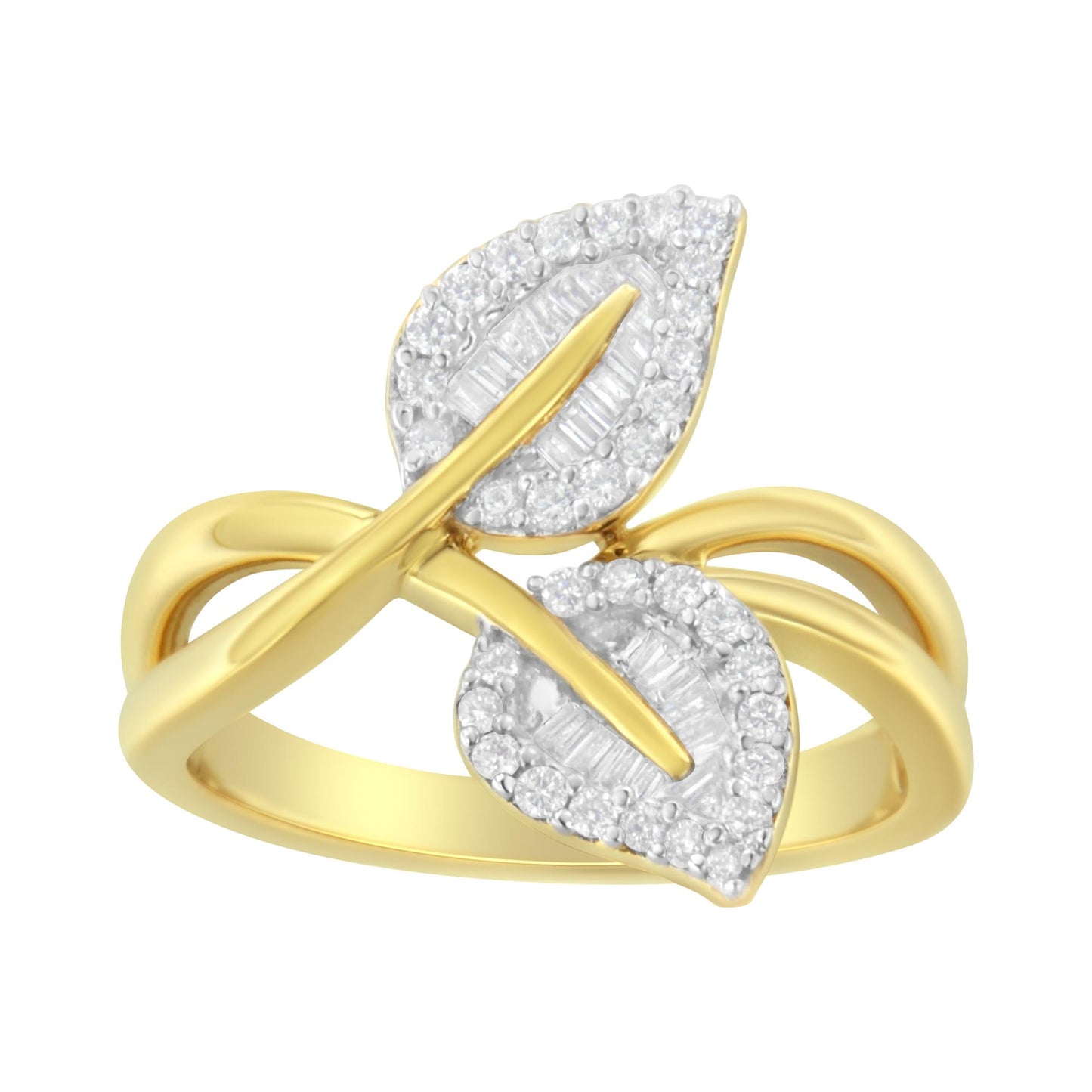 Yellow metal ring with a crossover band design, featuring two leaf-shaped elements adorned with white round and baguette-shaped gemstones, shown in a front angle view.