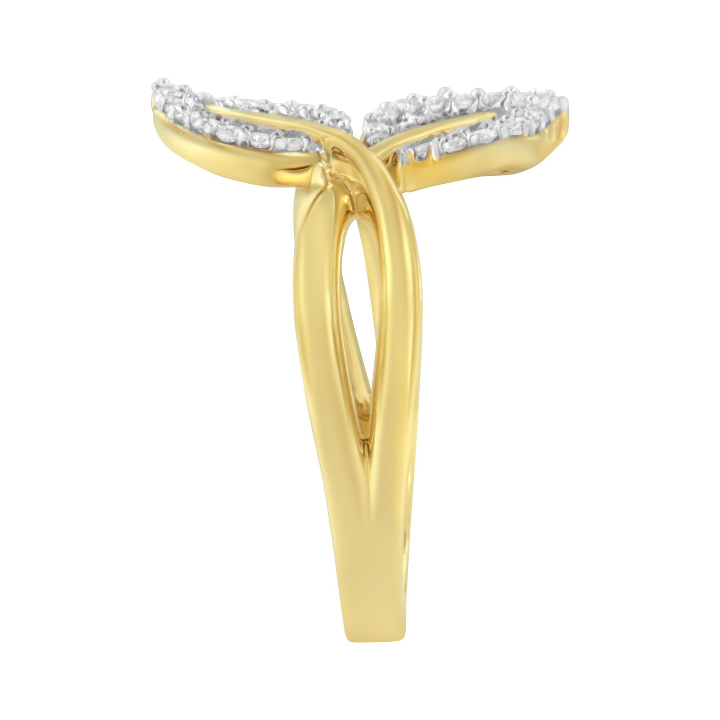 Front angle view of a yellow ring with an open double band design, featuring white round gemstones in prong settings and white baguette gemstones in channel settings along the top edges.