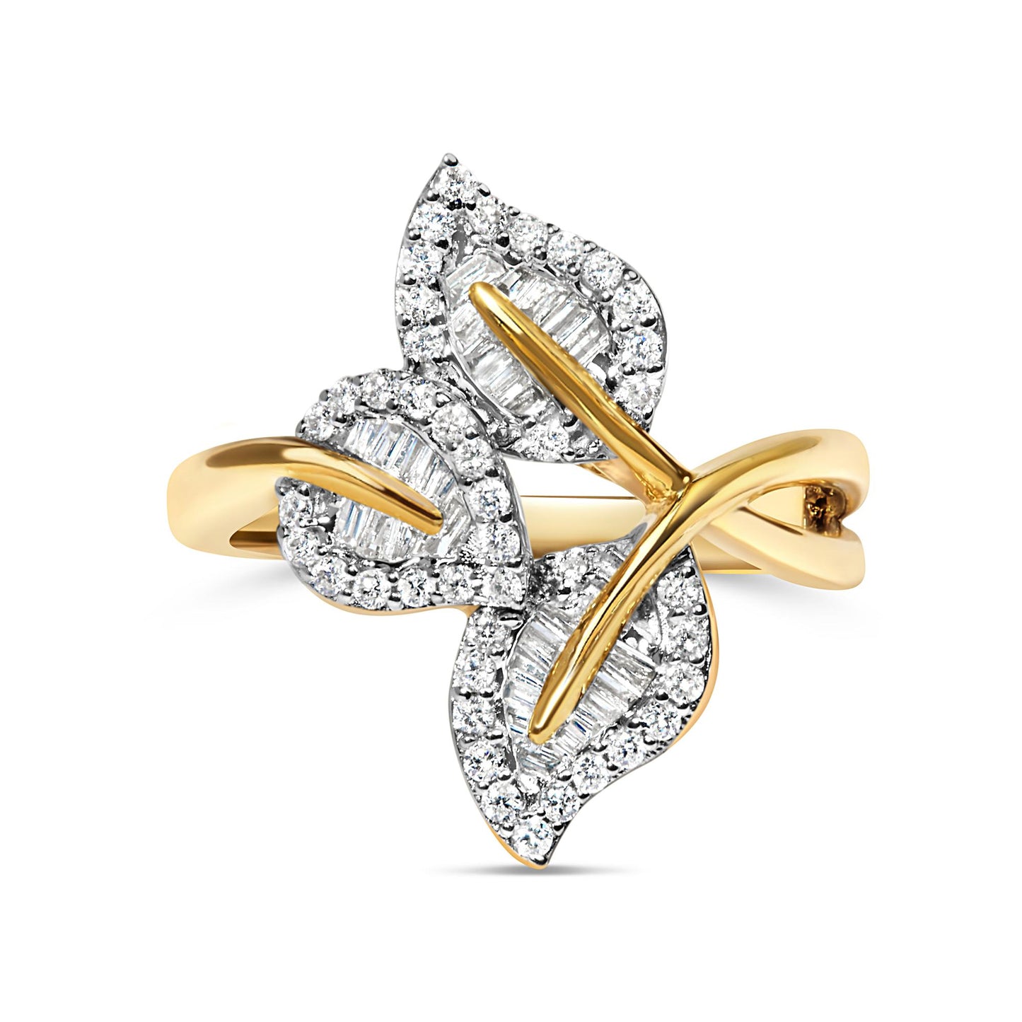Yellow metal ring with three leaf-shaped designs, each featuring white round gemstones in a pave setting surrounding white baguette gemstones in a channel setting, shown in a close-up front angle.
