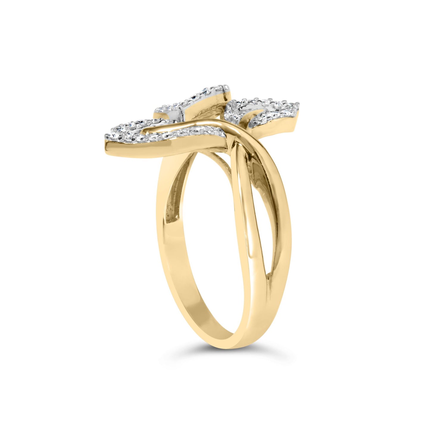 Side angle of yellow ring with an open cross design, featuring white round pave-set gemstones on the top edges and baguette channel-set gemstones along the sides.