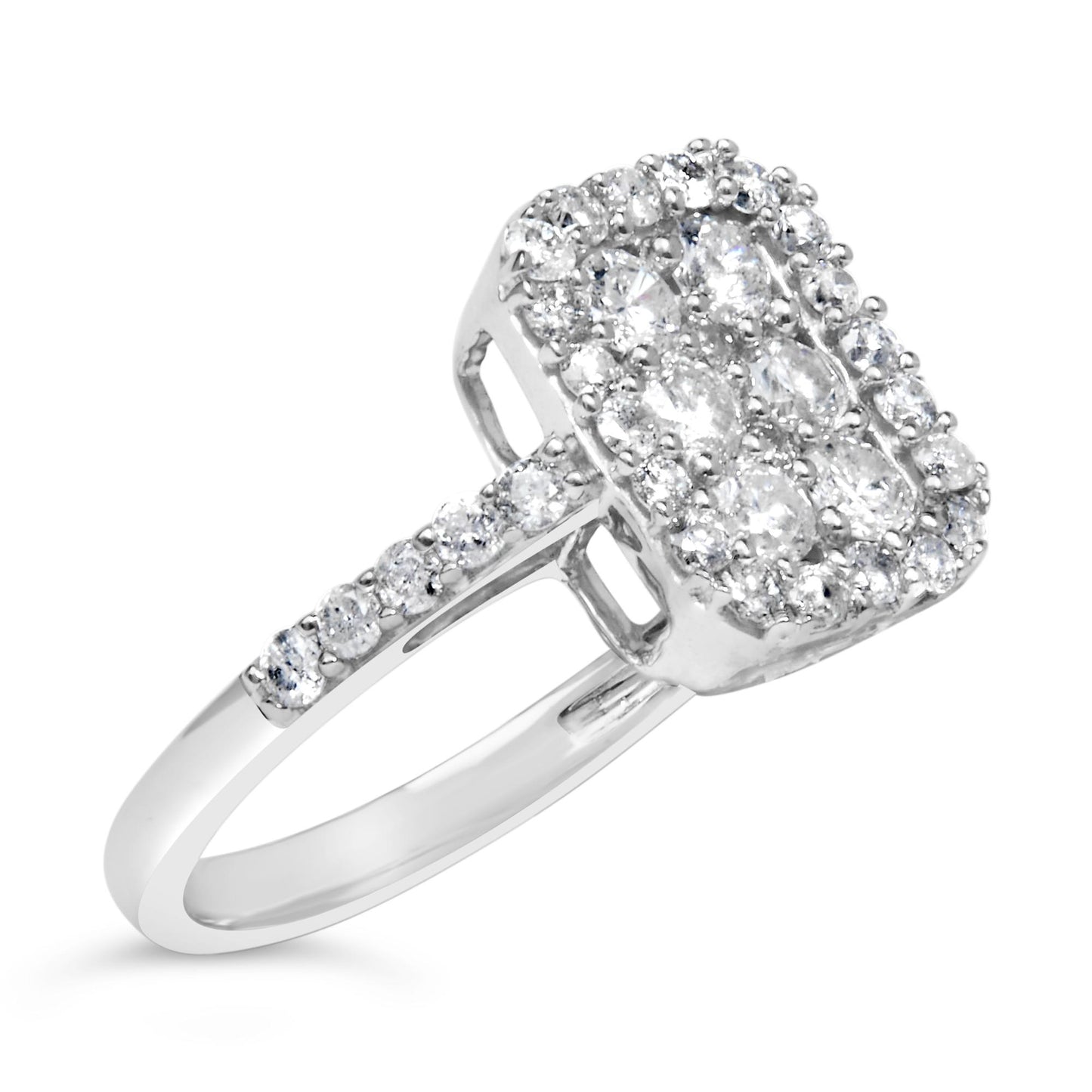 Ring with white metal band featuring a rectangular cluster of prong-set round white gemstones, side view at an angle.