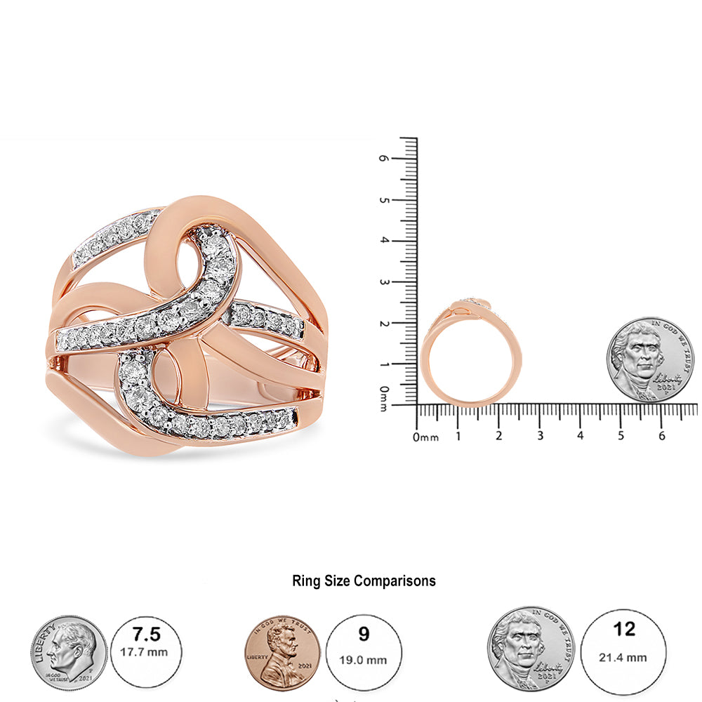 Rose-colored ring with twisting bands partially set with round white gemstones in prong settings, shown from front angle and side angle on a ruler with coins for size reference.