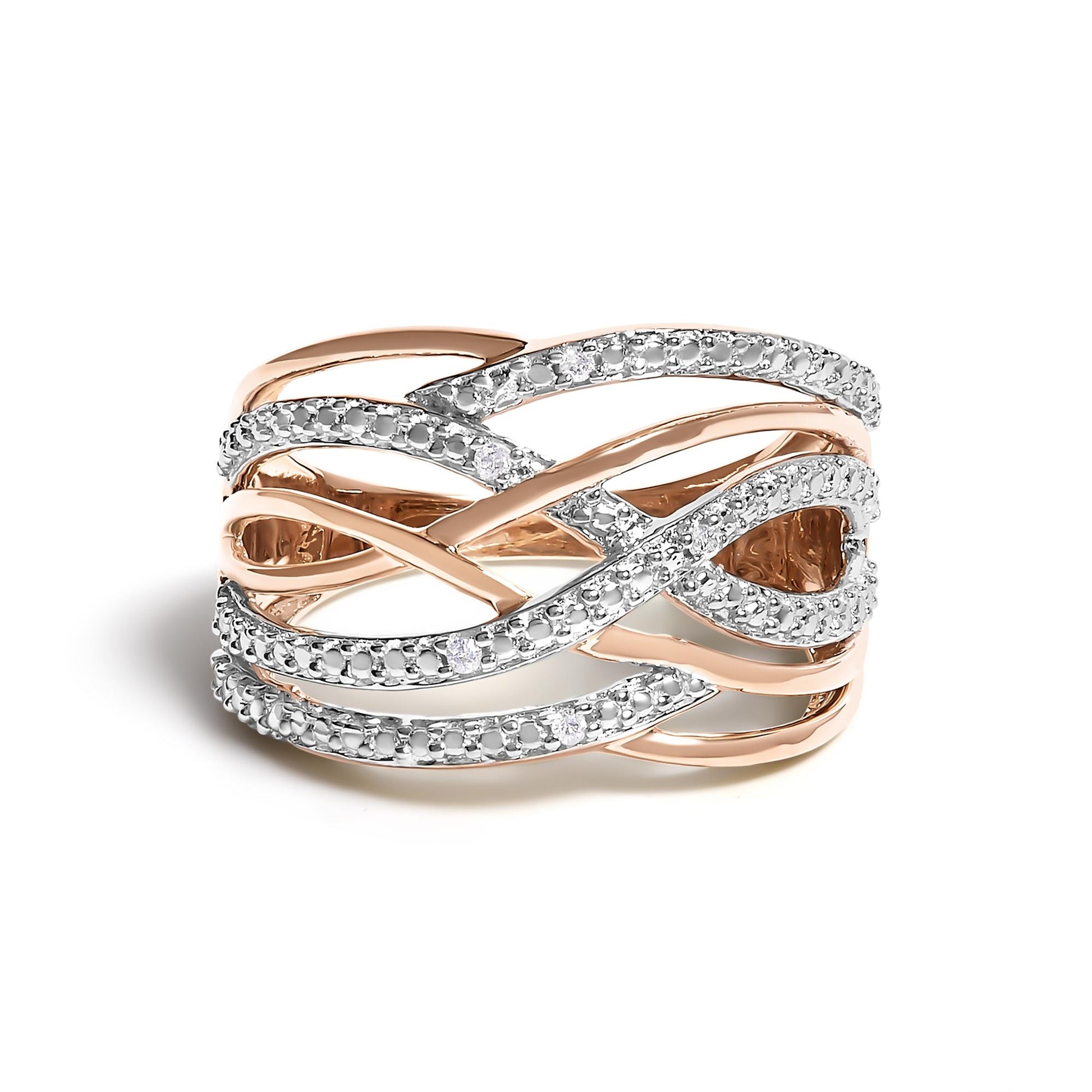 Rose metal ring with intertwined bands featuring round white gemstones in pave setting, shown from a slightly angled front view.