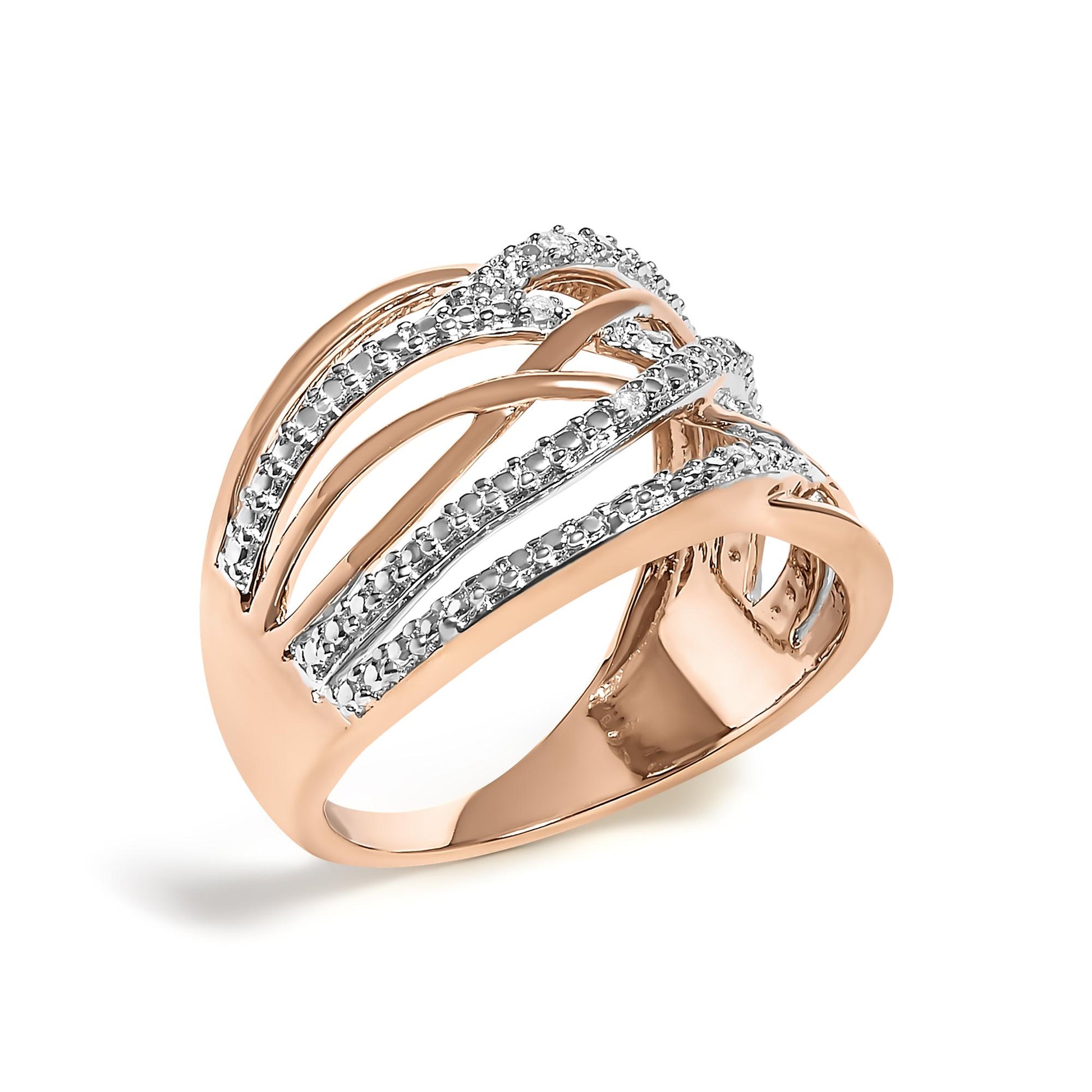 Rose-colored ring with multiple intertwined bands, some adorned with white round gemstones in a pave setting, shown at a slight angled top view.