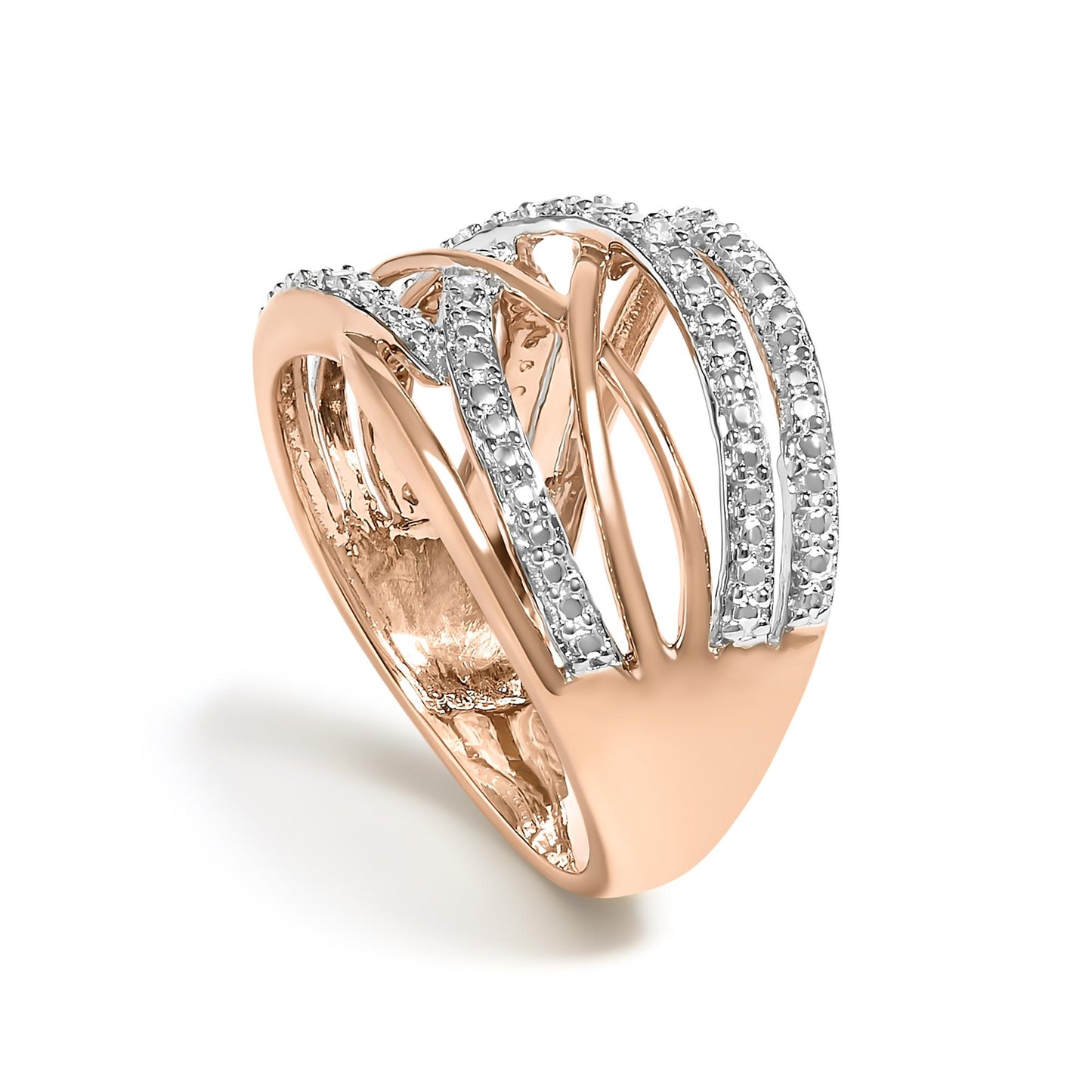 Rose-colored ring with multiple crisscrossing bands accented with white gemstones in pave setting, shown at a three-quarter angle.